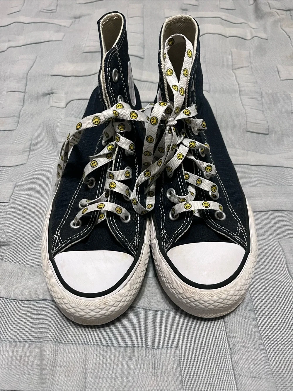 Kids Converse platform high-tops. Size 2.5 Smiley face shoelaces. Black/white.